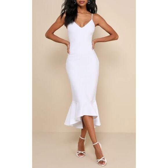 LULU'S SZ S White Stun Like Me V-Neck Bodycon Trumpet Hem Midi Dress NEW B79 - Picture 1 of 9